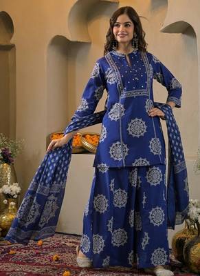 Blue cotton floral printed ethnic kurta set with dupatta 2