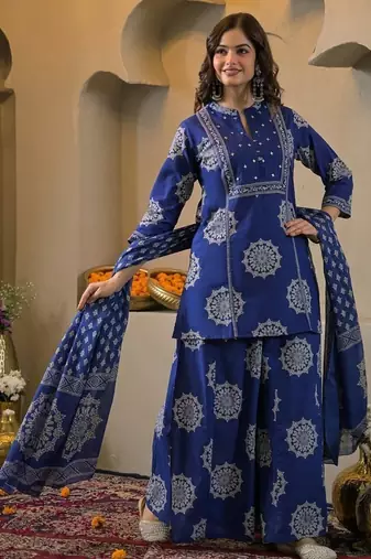Blue cotton floral printed ethnic kurta set with dupatta