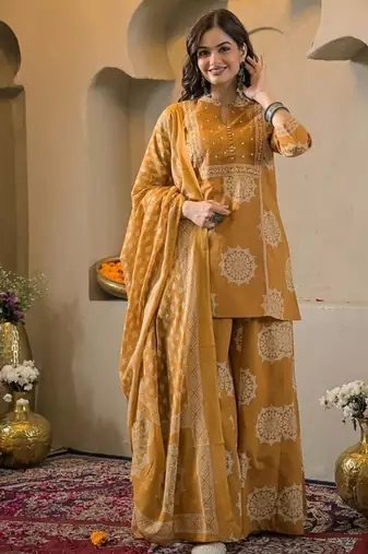Yellow cotton floral printed ethnic kurta set with dupatta
