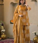 Yellow cotton floral printed ethnic kurta set with dupatta
