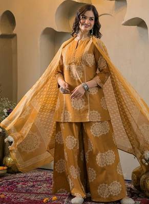 Yellow cotton floral printed ethnic kurta set with dupatta 2