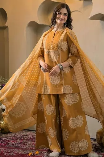 Yellow cotton floral printed ethnic kurta set with dupatta