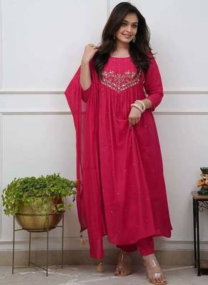 Pink cotton embroidered zari work ethnic kurta set with dupatta 1