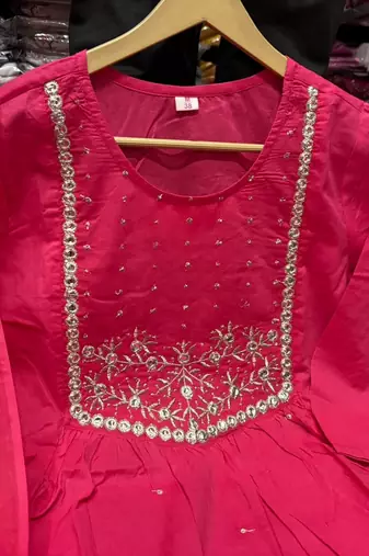 Pink cotton embroidered zari work ethnic kurta set with dupatta