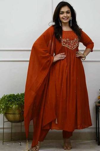 Brown cotton embroidered zari work ethnic kurta set with dupatta