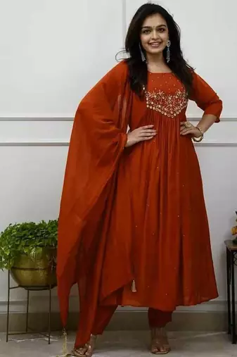 Brown cotton embroidered zari work ethnic kurta set with dupatta