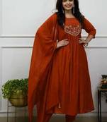 Brown cotton embroidered zari work ethnic kurta set with dupatta