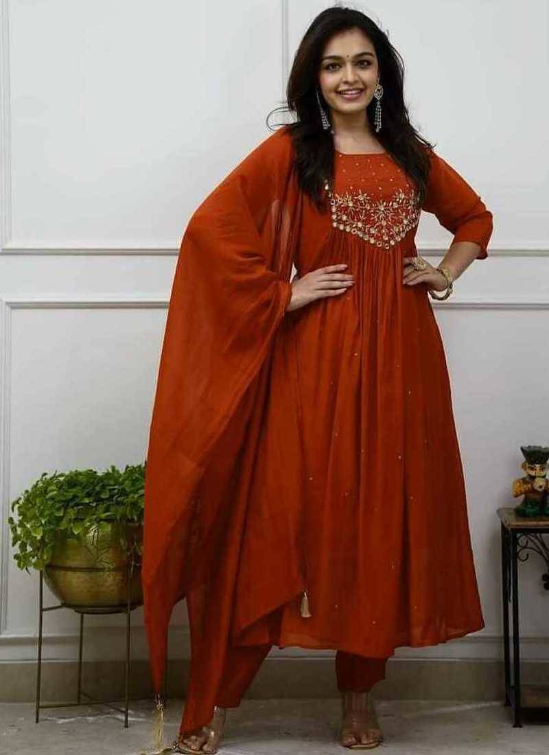 Brown cotton embroidered zari work ethnic kurta set with dupatta