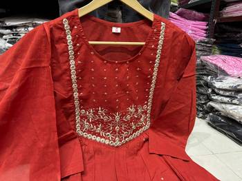 Brown cotton embroidered zari work ethnic kurta set with dupatta 3