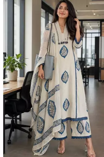 Blue cotton floral printed ethnic kurta set with dupatta