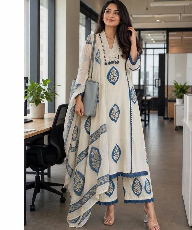 Blue cotton floral printed ethnic kurta set with dupatta