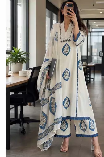 Blue cotton floral printed ethnic kurta set with dupatta