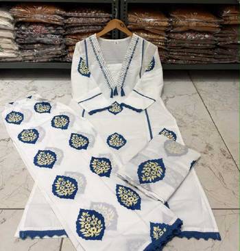Blue cotton floral printed ethnic kurta set with dupatta 3