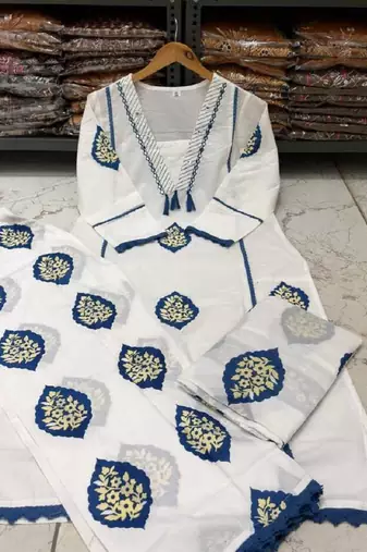 Blue cotton floral printed ethnic kurta set with dupatta