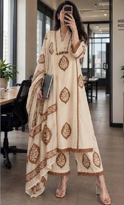 Brown cotton floral printed ethnic kurta set with dupatta 1