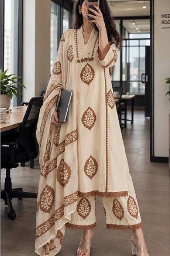 Brown cotton floral printed ethnic kurta set with dupatta
