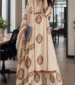 Brown cotton floral printed ethnic kurta set with dupatta