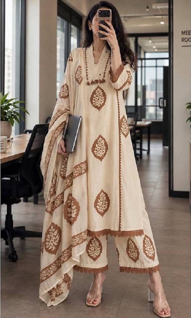 Brown cotton floral printed ethnic kurta set with dupatta