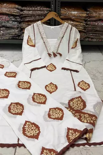 Brown cotton floral printed ethnic kurta set with dupatta