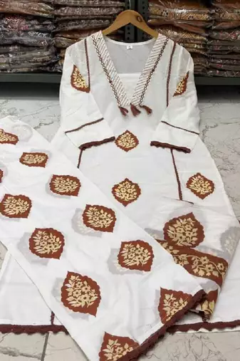 Brown cotton floral printed ethnic kurta set with dupatta