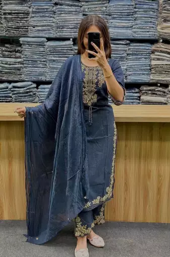 Blue cotton embroidered thread work ethnic kurta set with dupatta