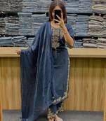 Blue cotton embroidered thread work ethnic kurta set with dupatta