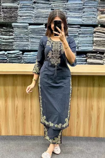 Blue cotton embroidered thread work ethnic kurta set with dupatta