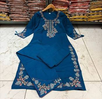 Blue cotton embroidered thread work ethnic kurta set with dupatta 3