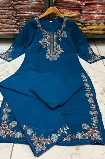 Blue cotton embroidered thread work ethnic kurta set with dupatta
