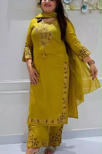 Yellow cotton embroidered thread work ethnic kurta set with dupatta