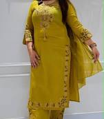 Yellow cotton embroidered thread work ethnic kurta set with dupatta