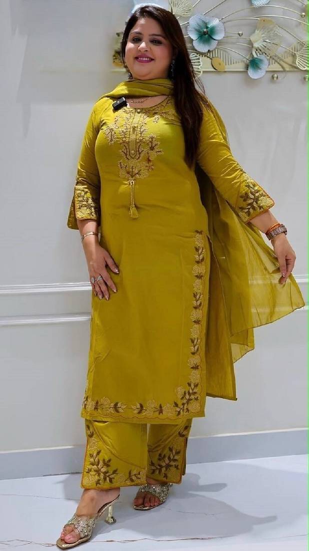 Yellow cotton embroidered thread work ethnic kurta set with dupatta