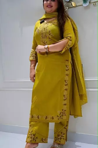 Yellow cotton embroidered thread work ethnic kurta set with dupatta