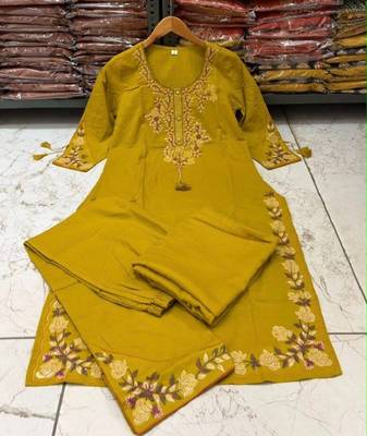 Yellow cotton embroidered thread work ethnic kurta set with dupatta 3