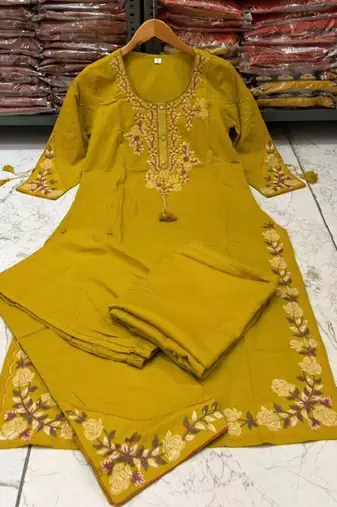 Yellow cotton embroidered thread work ethnic kurta set with dupatta