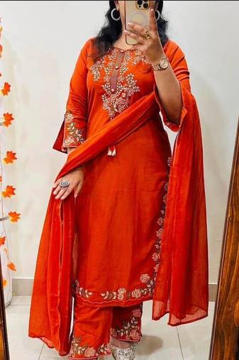 Orange cotton embroidered thread work ethnic kurta set with dupatta