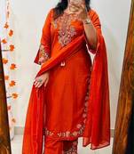 Orange cotton embroidered thread work ethnic kurta set with dupatta