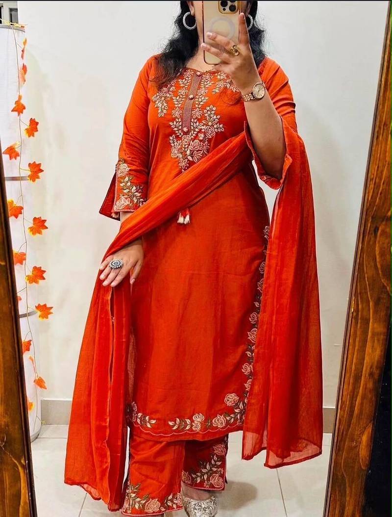 Orange cotton embroidered thread work ethnic kurta set with dupatta