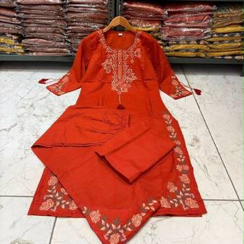 Orange cotton embroidered thread work ethnic kurta set with dupatta 2