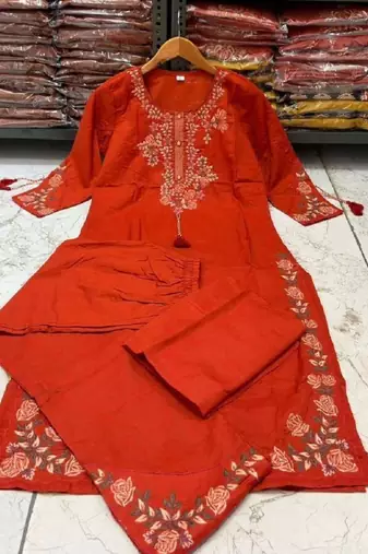 Orange cotton embroidered thread work ethnic kurta set with dupatta