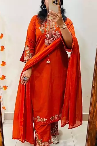 Orange cotton embroidered thread work ethnic kurta set with dupatta