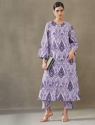 women ethnic motifs printed cotton smart office kurta with trousers 1