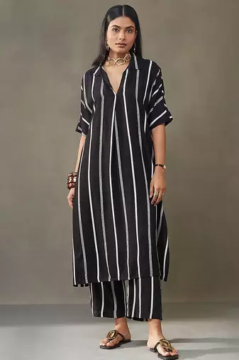 women cotton button-down smart office kurta with trousers