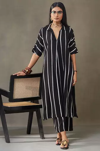 women cotton button-down smart office kurta with trousers