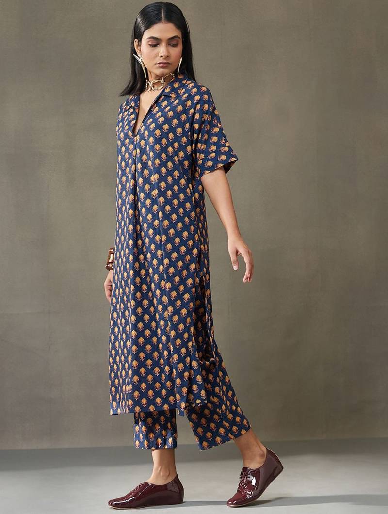 women ethnic motifs printed cotton smart office kurta with trousers