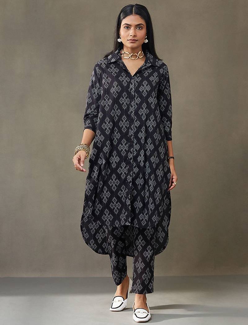 women printed cotton smart office kurta with trousers