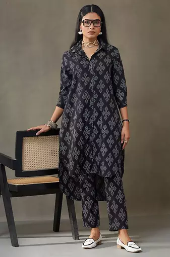 women printed cotton smart office kurta with trousers