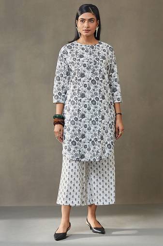 women floral printed cotton work tailored-fit kurti with palazzos