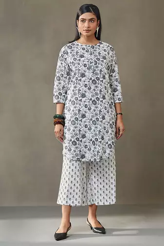 women floral printed cotton work tailored-fit kurti with palazzos