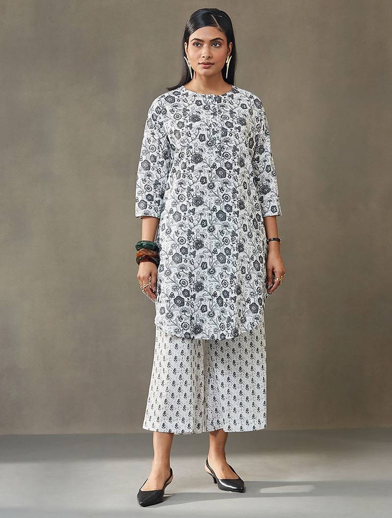 women floral printed cotton work tailored-fit kurti with palazzos